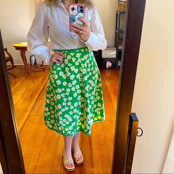 Vintage Dresses & Skirts - Vintage ‘60s Daisy Print Green A-Line Cotton Skirt